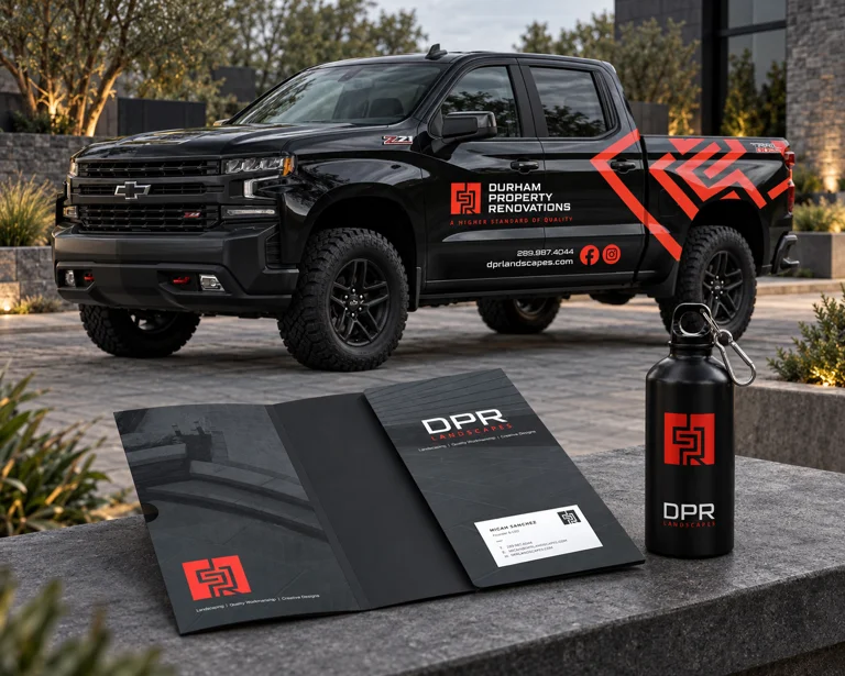 DPR Landscapes brochure, wrapped Silverado truck and branded water bottle in a coordinated outdoor scene